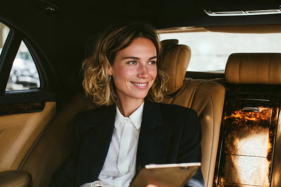 Business executive stepping out of a luxury vehicle