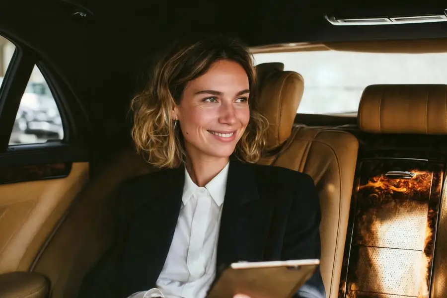 Business executive stepping out of a luxury vehicle